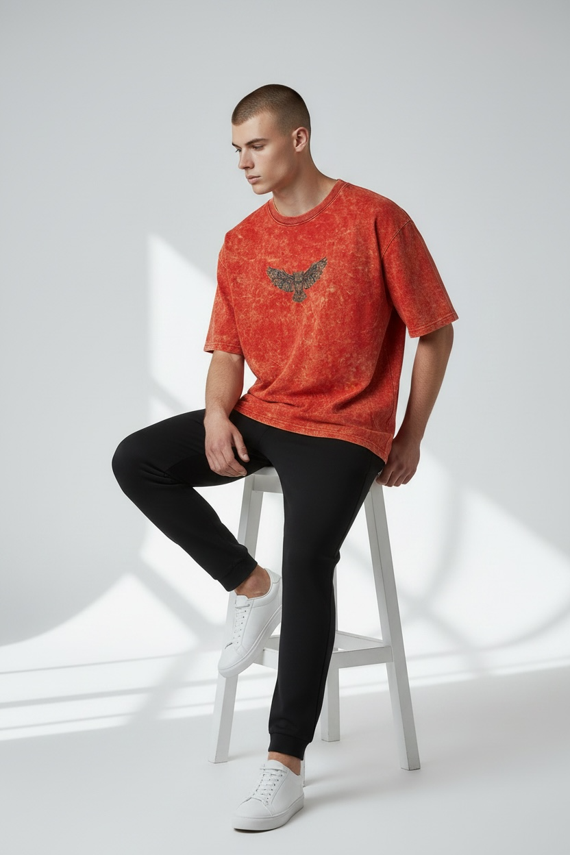 Red Acid Wash Oversized T-Shirt | Vintage Streetwear Tee for Men