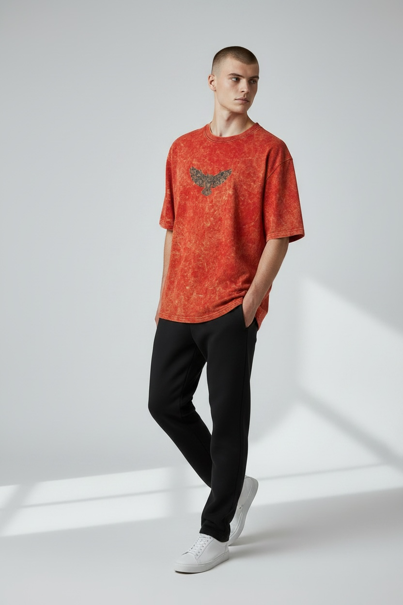 Red Acid Wash Oversized T-Shirt | Vintage Streetwear Tee for Men