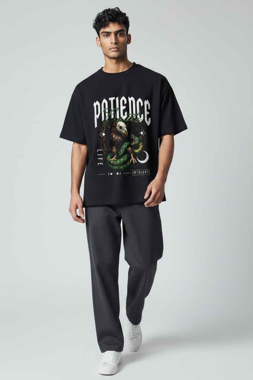 Patience Graphic Oversized T-Shirt | Premium 240 GSM Black Tee